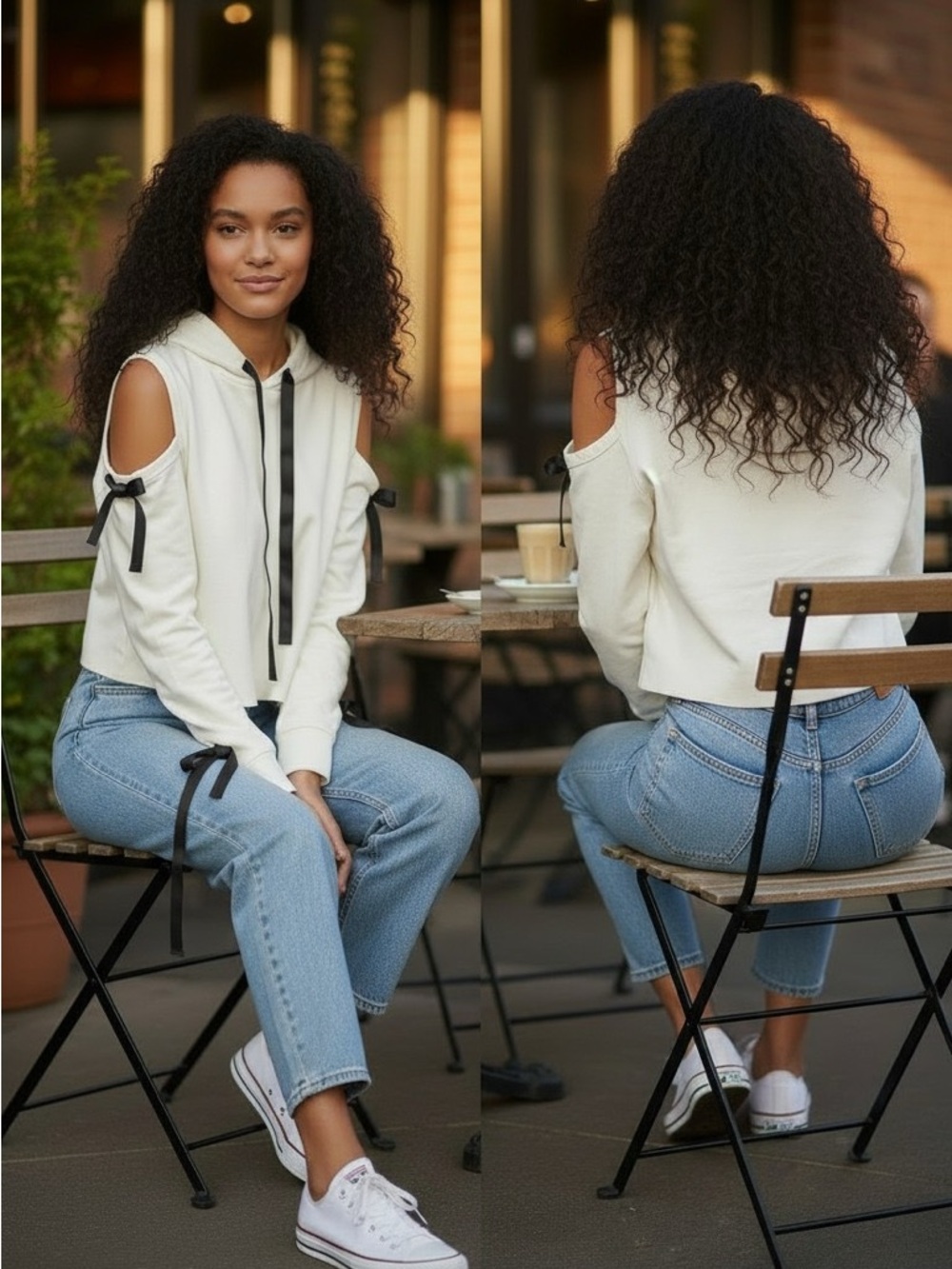 Jella C. Cream Off-The-Shoulder Hoodie/Sweater with Black Drawstrings